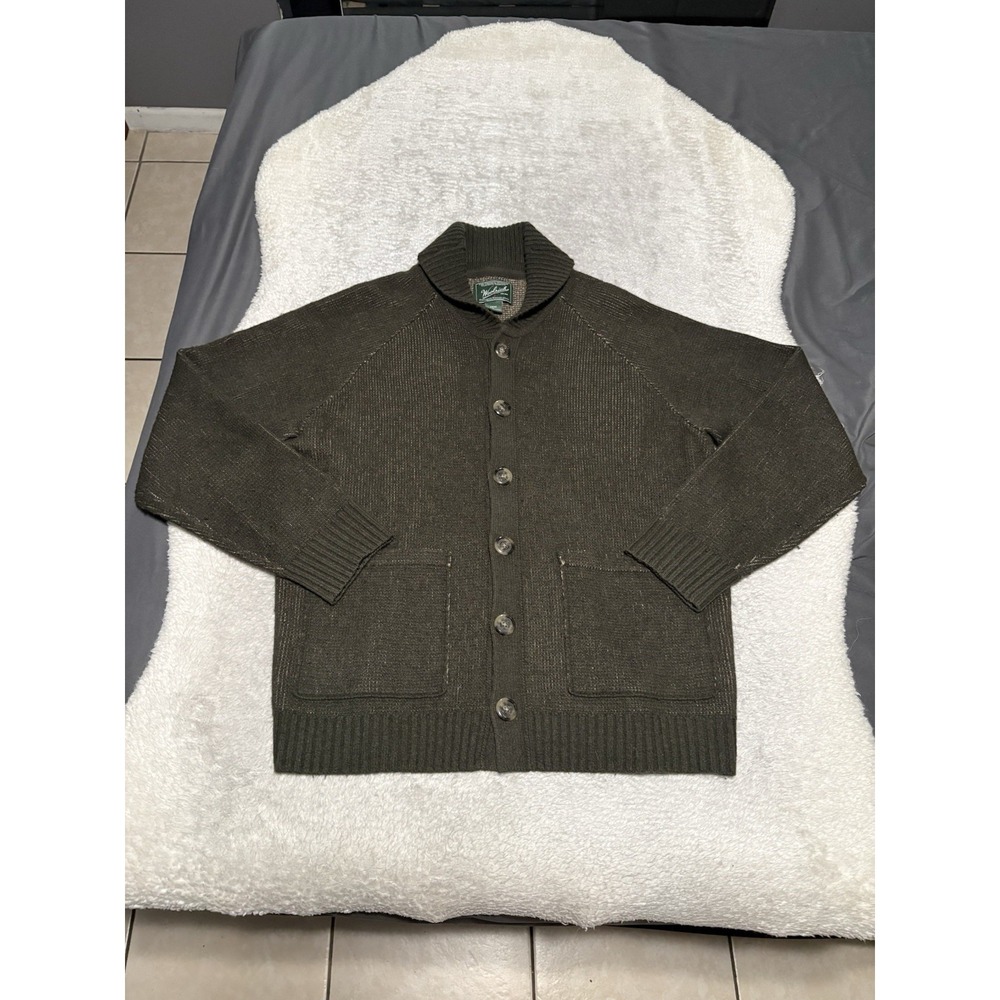 Woolrich Lambswool Shawl Collar Cardigan Sweater Mens Large Olive Green Heavy